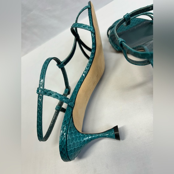 Manolo Blahnik Teal Snakeskin Open Toe Strappy heels Sandals Sz 8.5 - Picture 6 of 7